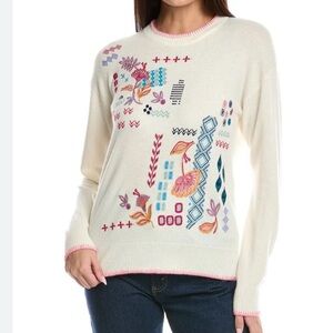 Johnny Was Cream Sweater with Multicolor Embroidery THE DROP SHOULDER PULLOVER